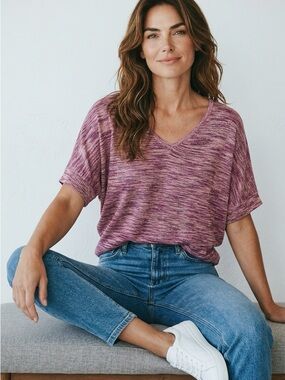 dressbarn Pink Space-Dye V-Neck Short Sleeve Top